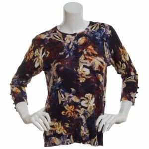 NWT Grace Elements Floral Black Blue Rust Button Up 3/4 Sleeve Cardigan Sz S P